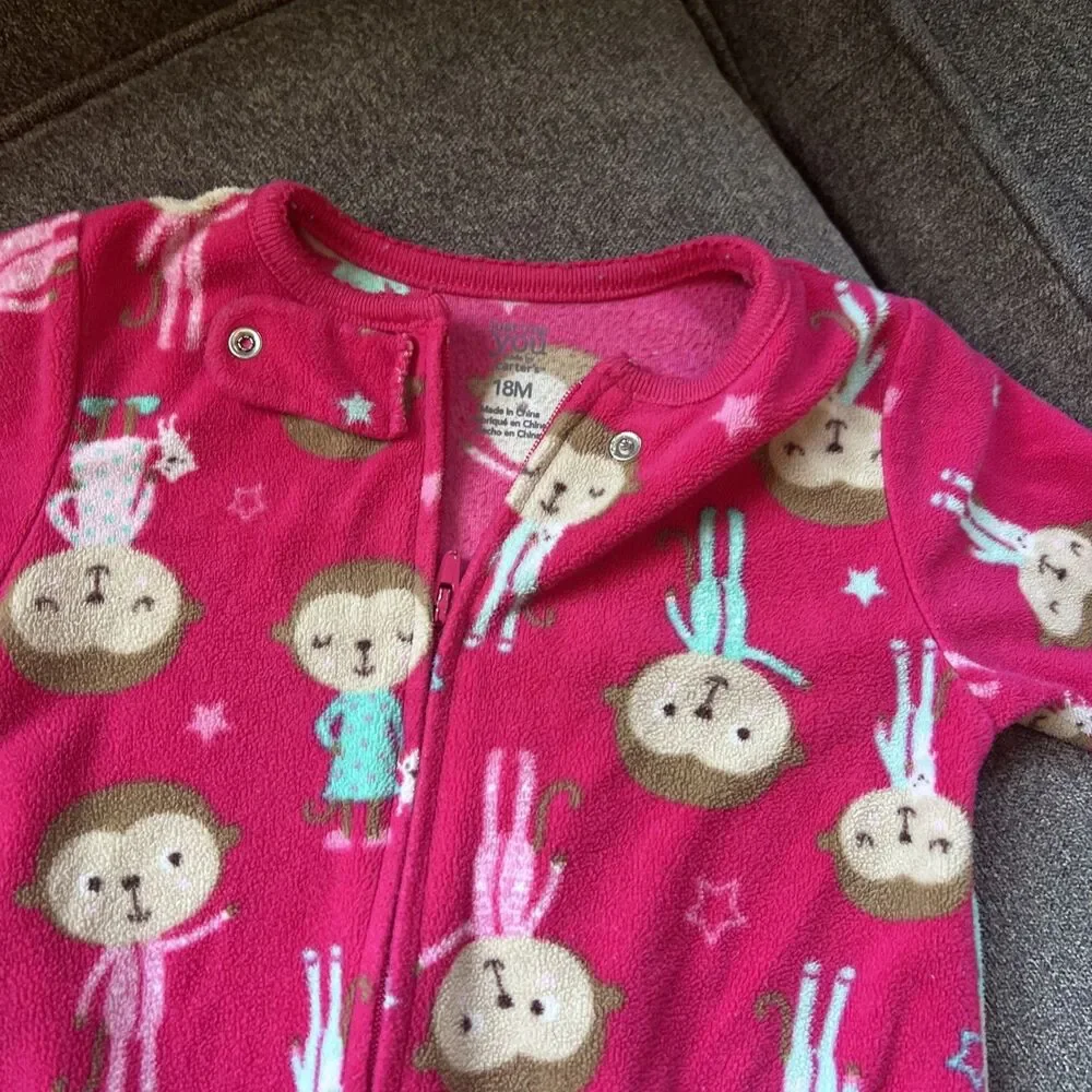 Carter's Toddler Girls 1-Piece Cute Monkey Print Cozy Fleece Zip-Up PJs Pink 18M